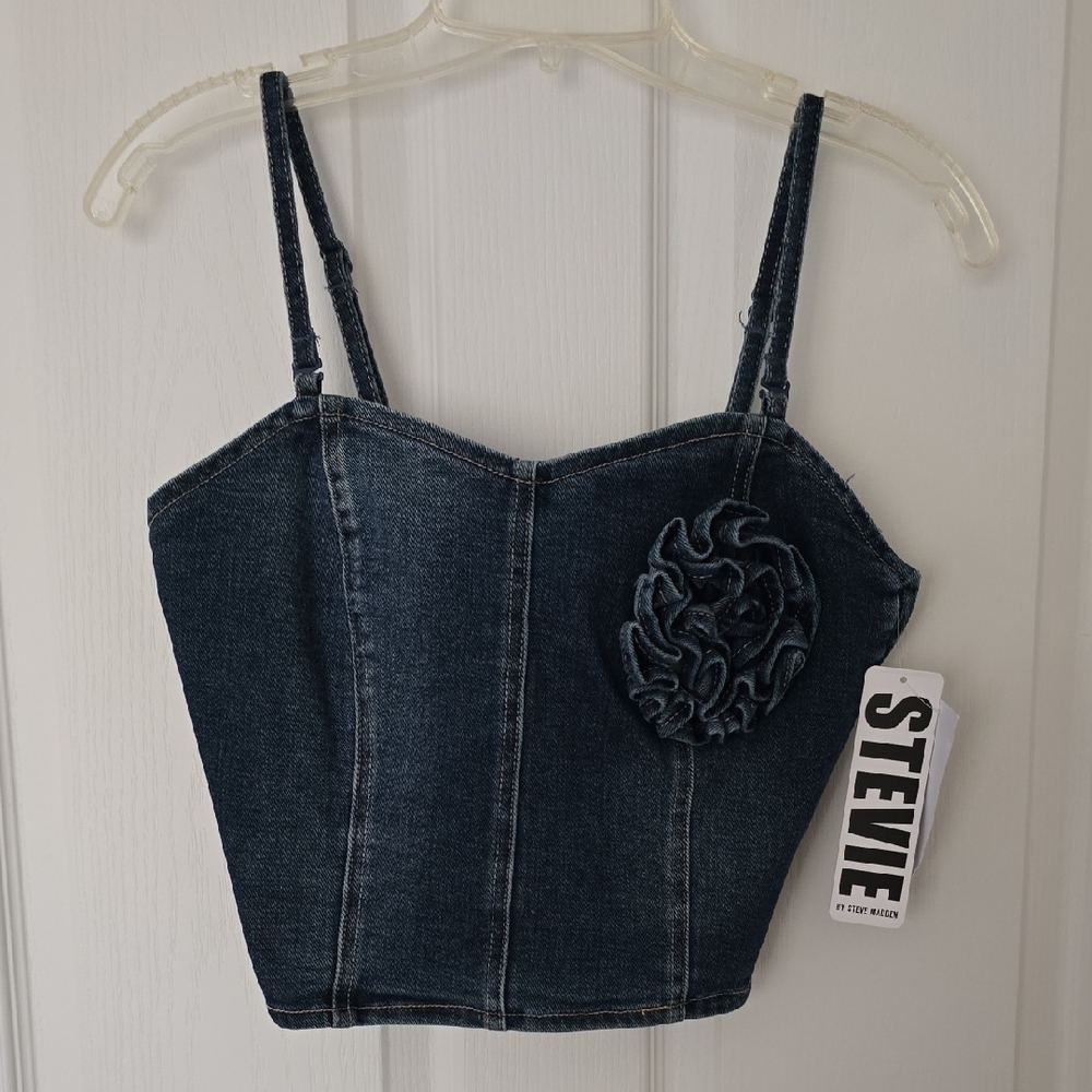 Stevie By Steve Madden Dark Blue Denim Crop Top With Ruffle Flower Detail Sz‎ Lg